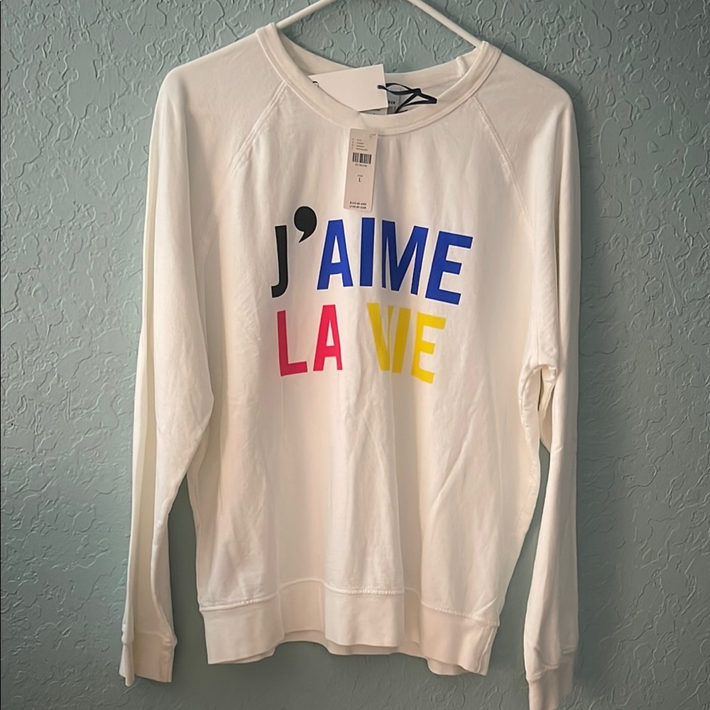 Clare V White Long Sleeve Tee with Multicolor Print